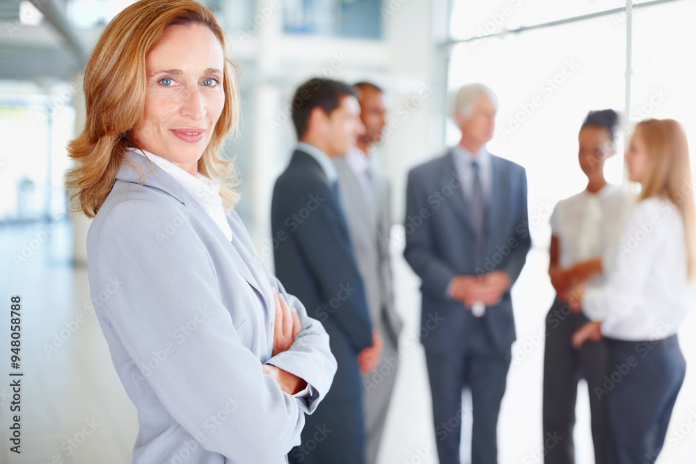 Wall mural Business woman, manager portrait and arms crossed in office, team leader and confident accountant. Female person, financial broker and professional for planning, workplace and accounting meeting