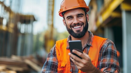 Construction worker in safety gear smiles while using a smartphone at a busy job site during daylight hours