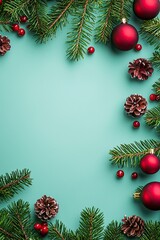 Christmas greeting card. Festive decoration on Vintage background. New Year concept. Copy space. Flat lay. Top view
