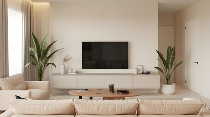 A minimalist style interior design of a modern living room with a TV, a beige sofa with a wooden table in front of it. A white cabinet with a few items on top of it