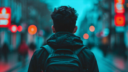 Fototapeta premium Man Walking Down Street Night