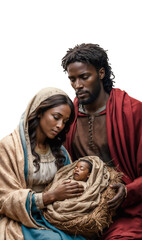Reimagined Nativity Scene Featuring Baby Jesus with a Black African American Family. A Creative and Inclusive Christmas Concept Highlighting the Birth of Christ with Diverse take of Mary and Joseph