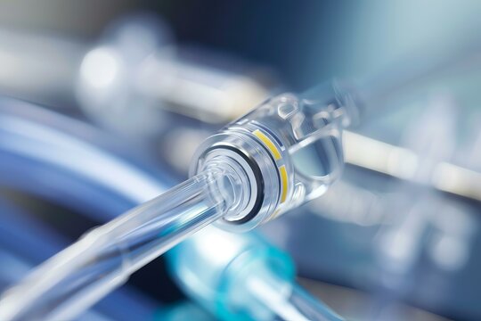 Close up of medical catheter tube connecting to other equipment in a hospital setting