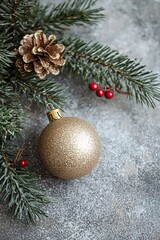 Christmas greeting card. Festive decoration on Vintage background. New Year concept. Copy space. Flat lay. Top view