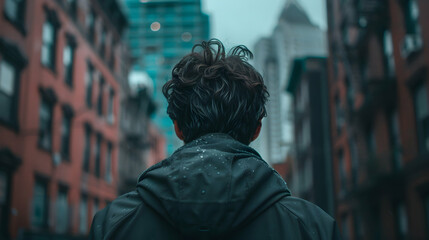 Fototapeta premium Man Walking Down Street Next Tall Buildin