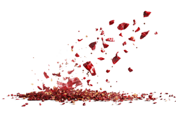 Shattered Red Chili Flakes Exploding, Spice Burst on White