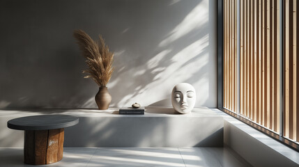 3D room interior, concrete wall and wooden details, face object decoration, cafe corner. AI generated.