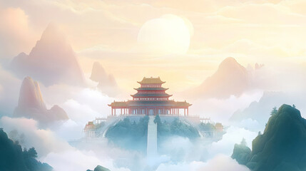 chinese myth scene, temple on the mountain, animated scene