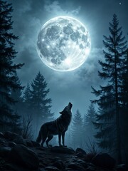 Lone Wolf Howling at a Glowing Full Moon in a Mystical Forest - Captivating Night Scene