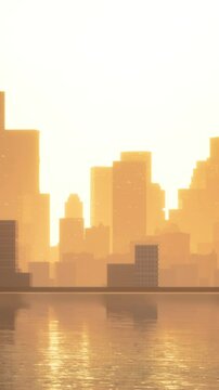 downtown cityscape at sunset in fog