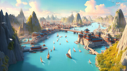 Chinese cities, lakes, with high city walls built outside, harbors and fishing ports below, many fishing boats docked, panoramic views, animated movie scenes