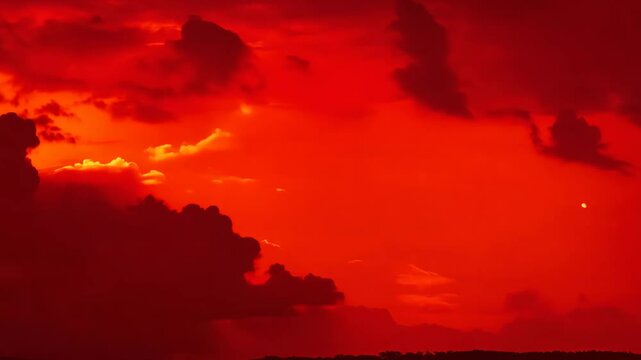 Stunning sunset view with vibrant red sky and dramatic clouds over the horizon near the coastline on a clear evening