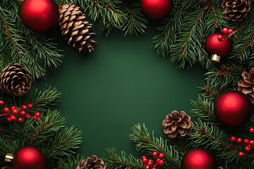 Christmas composition. Christmas tree branches, pine cones, balls. Flat lay, top view, copy space
