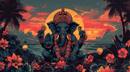 Sunset Beach Ganesha Illustration with Tropical Flowers and Lanterns
