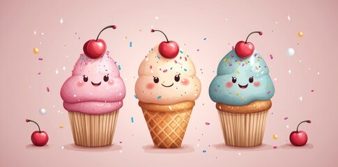 Three Adorable Cupcakes with Cherries and Sprinkles