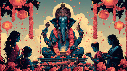 Ganesha with Devotees Family of Modern Indian and Festive Lanterns
