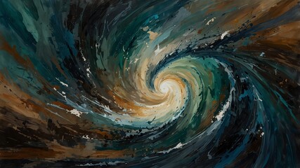 Abstract painting depicting a dynamic swirling vortex of earthy and oceanic tones