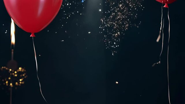 Red balloons rise as sparkling fireworks ignite at a festive celebration in the evening sky