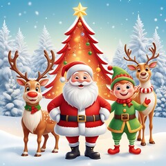 santa claus, elf, and reindeer by christmas tree