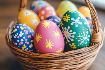Colorful hand-painted Easter eggs in woven basket