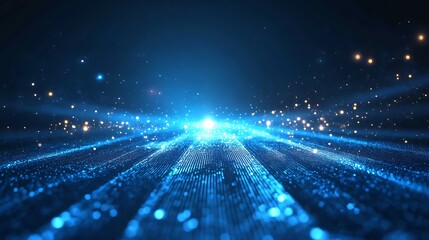 Obraz premium A sparkling blue digital landscape with glowing particles, representing data flow, technology, and futuristic innovation in a dark background.