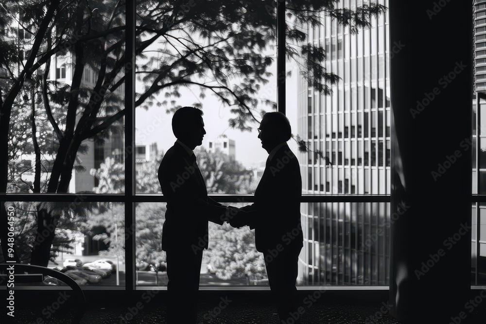 Wall mural the sillouettes of two businessmen shaking hands at the window of an office