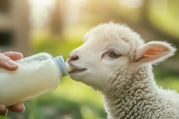 Naklejka premium Lamb Drinking Milk from a Bottle