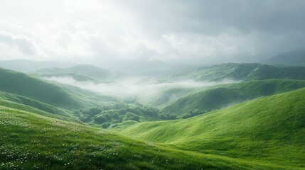 Fototapeta premium Serene Highland Landscape with Lush Rolling Hills and Gentle Misty Horizons Creating a Peaceful Setting
