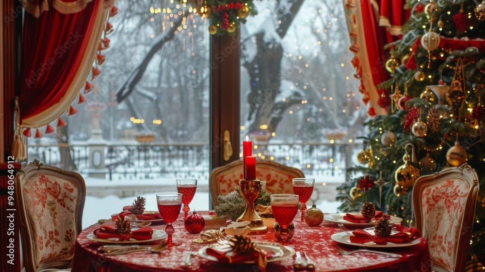 Poster A table with a red tablecloth and a Christmas tree in the background