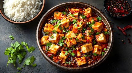 Vibrant Sichuan Mapo Tofu Served in a Rustic Bowl with Rice