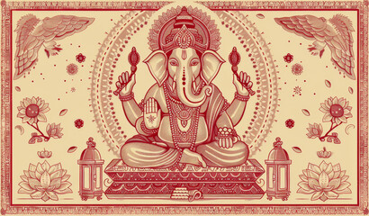 Obraz premium Vintage Style Red Ink Illustration of Lord Ganesha with Floral and Winged Accents