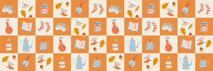 Geometric Autumn cozy elements seamless pattern. Hygge style checkered print. Patchwork. Cute fall background. Hand drawn flat design vector illustration.
