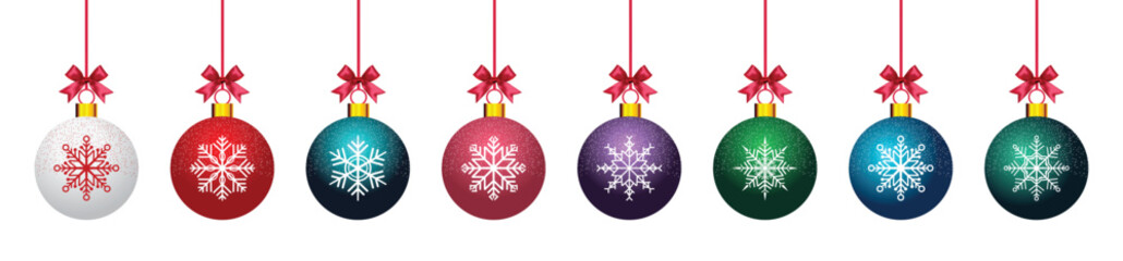 Christmas bauble with snow effect set. Colorful hanging balls with red ribbon and bow. Holiday decoration ornaments.