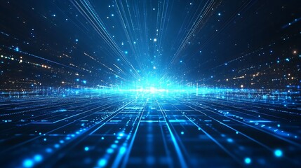 Naklejka premium Abstract digital landscape with blue glowing lights and data points, representing technology and futuristic innovation.