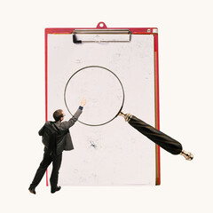 Poster. Contemporary art collage. Businessman reaches out towards large magnifying glass on...