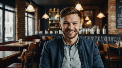 adult caucasian boy cafe restaurant background portrait shot
