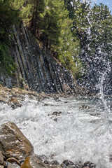 Splashes of sea water against the background of rocks and forest