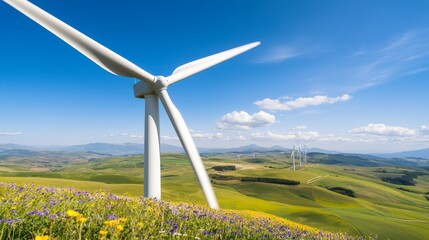 A wind farm on rolling hills surrounded by fields of wildflowers, supporting both renewable energy and local biodiversity