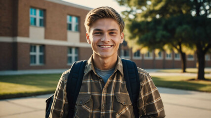 adult caucasian boy school campus background portrait shot