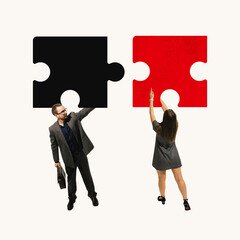 Poster. Contemporary art collage. Man and woman place large puzzle pieces together, illustrating...