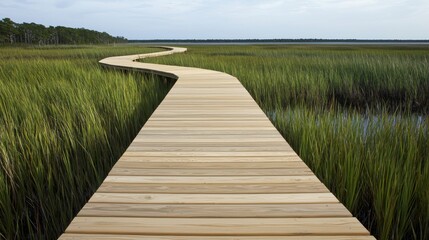 An eco-friendly boardwalk through a marshland, allowing visitors to experience the ecosystem without disturbing it