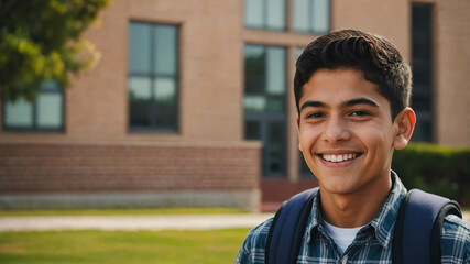 adult hispanic boy school campus background portrait shot