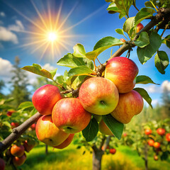 Obraz premium A branch with apples on it and the sun behind them.