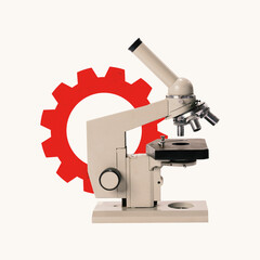 Poster. Contemporary art collage. Microscope with red gear on background highlights intersection of science and industry, focusing on detailed examination. Concept of business research, startup.