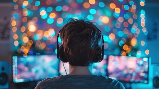 Gamer immersed in colorful bokeh lights with headphones playing on dual monitors