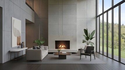 A minimalist-style modern living room with a fireplace and concrete walls, a few pieces of furniture, including a sofa, a coffee table and a chair. decorative items and plants.