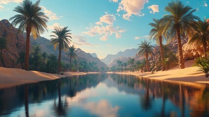 Obraz premium Palm Trees and Reflective Water Pools in a Serene Quiet Desert Oasis Landscape
