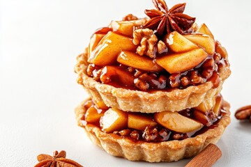 Caramel tartlets with cinnamon nuts on white background