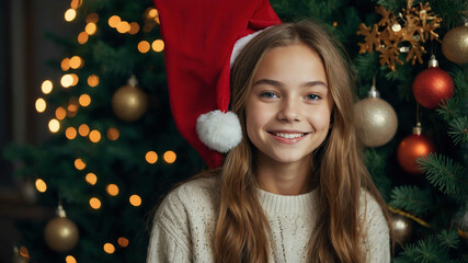 charming teen caucasian girl christmas tree background portrait shot