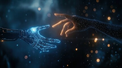 . AI, Machine learning, Hands of robot and human touch on big data network connection of brain AI, Data exchange, deep learning, Science, artificial intelligence technology, innovation of futuristi